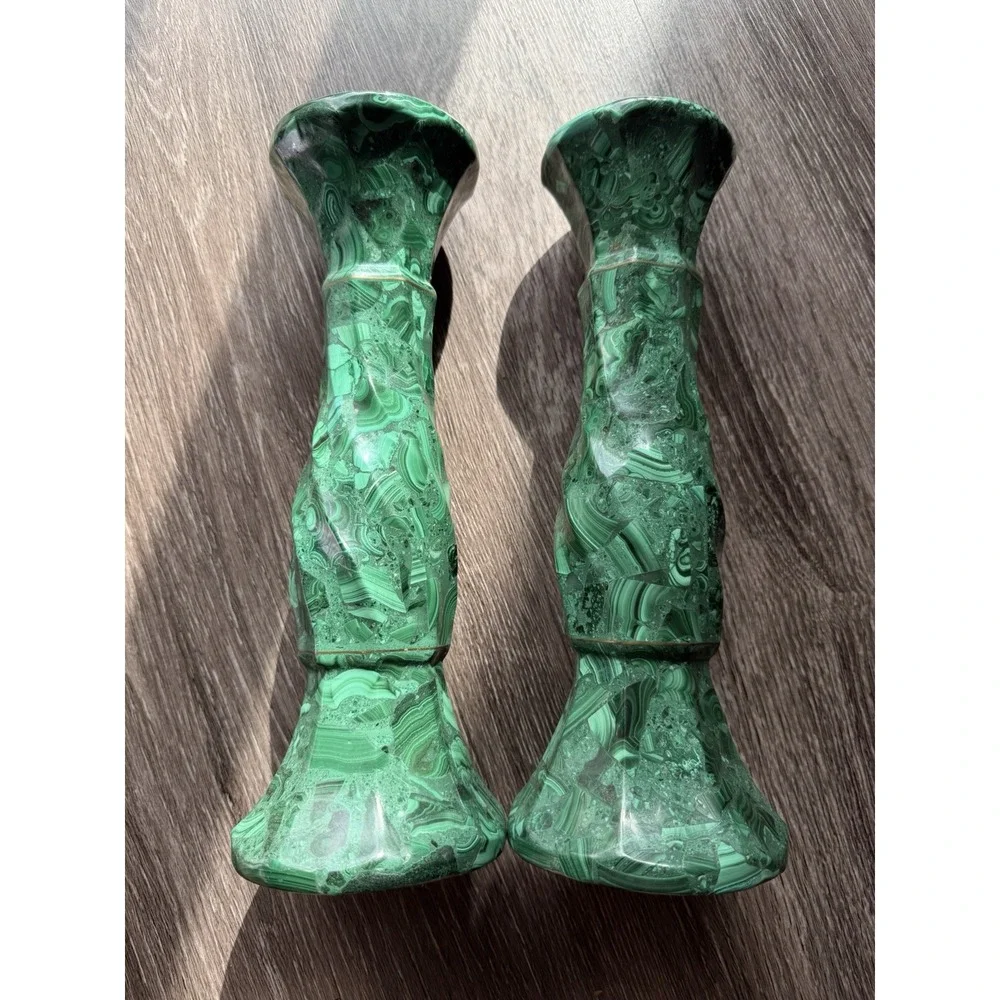 Pair Large Solid Malachite Candlesticks Polished Stone Candle Holders 10.5
